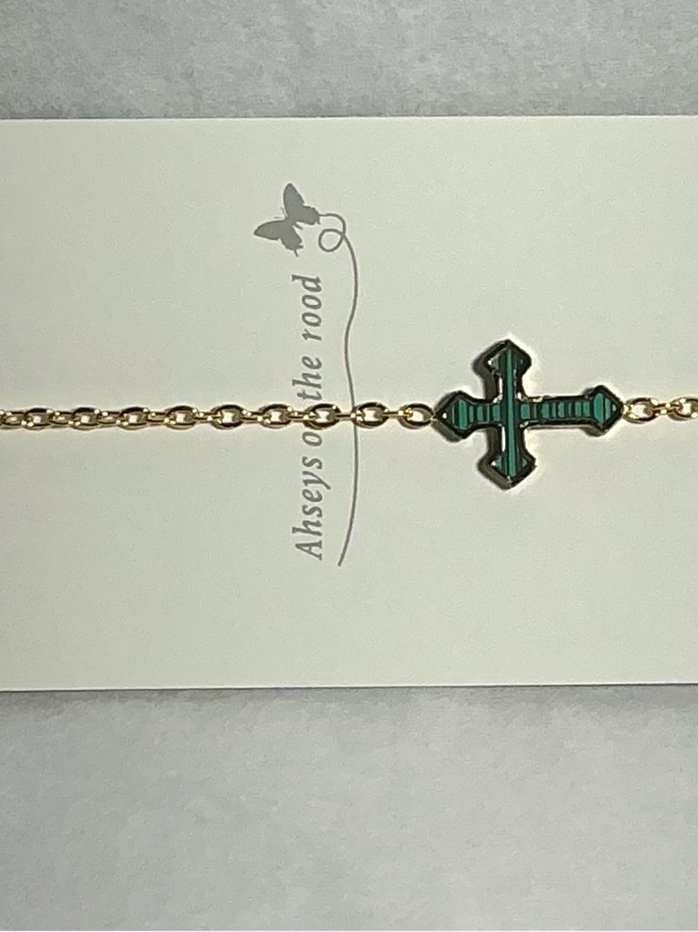 Gold Chain Bracelet with Green Enamel Cross-Stainless Steel